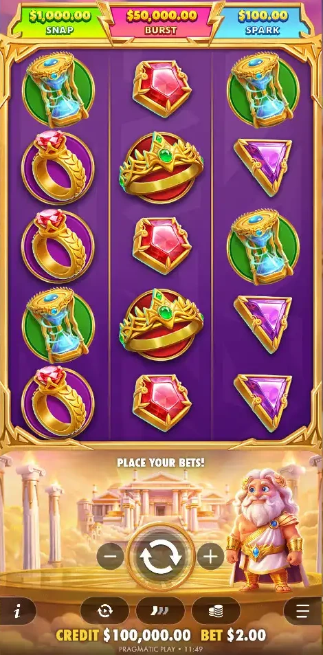 Gates of Olympus POP base game: 3x5 grid of gems and crowns with jackpot banner above and Zeus below